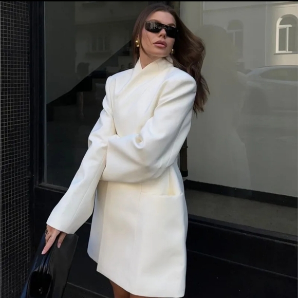 White Stand Collar Jacket Coat Double Pocket Elegant Socialite Women Cuff Button - Picture 5 of 15